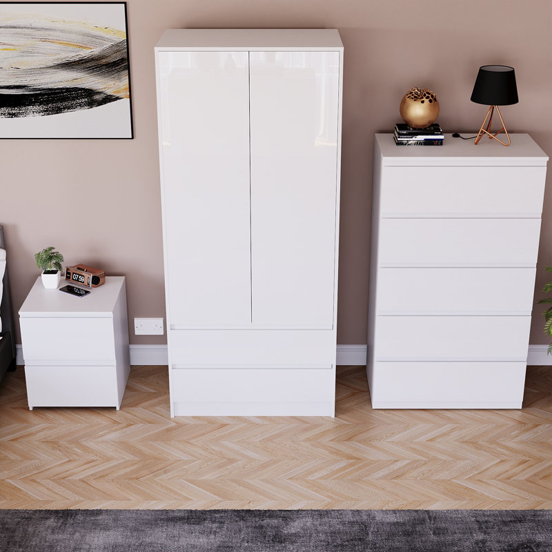 Oslo 3 Piece Bedroom Set (2 Drawer Bedside Chest, 5 Drawer Chest, 2 Door 2 Drawer Wardrobe), (100% FSC), White