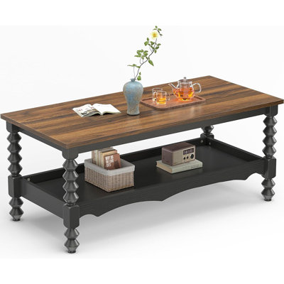 Table basse Farmhouse avec rangement, petite table centrale à 2 niveaux pour le salon ou la chambre à coucher avec pieds en bois massif et plateau épaissi (noir)