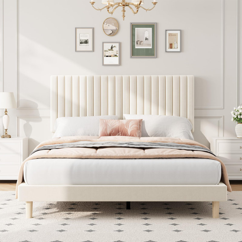 Queen Bed Frame with Adjustable Headboard, Velvet Upholstered Platform Queen Size Bed Frame, Vertical Channel Tufted, Strong Wooden Slats, No Box Spring Needed, Easy Assembly, Beige