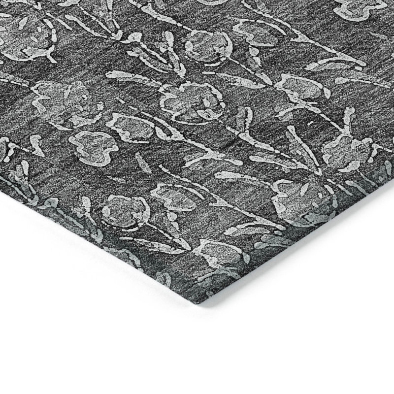 Tapis extérieur lavable floral gris anthracite et argent 10 pi x 14 pi