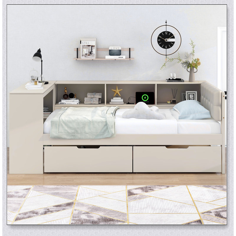 Wood Platform Bed With Storage Shelves, Drawers, Charging Station And Upholstered Headboard, Twin, Cream