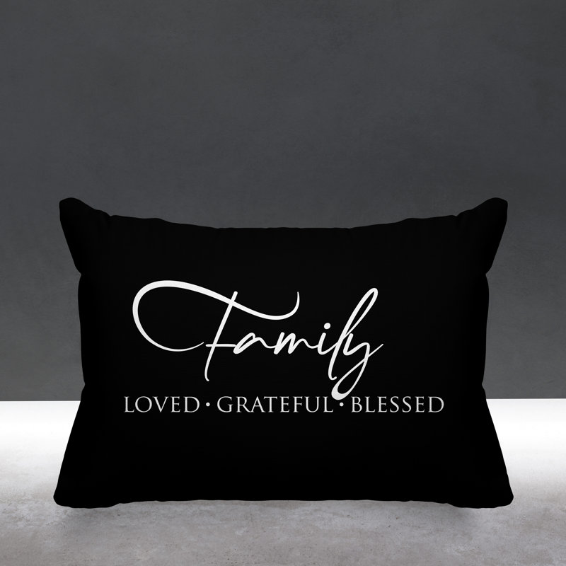 Famille Aspire: Housse et insert de coussin rectangulaire extérieur bien-aimé, reconnaissant et heureux, Noir