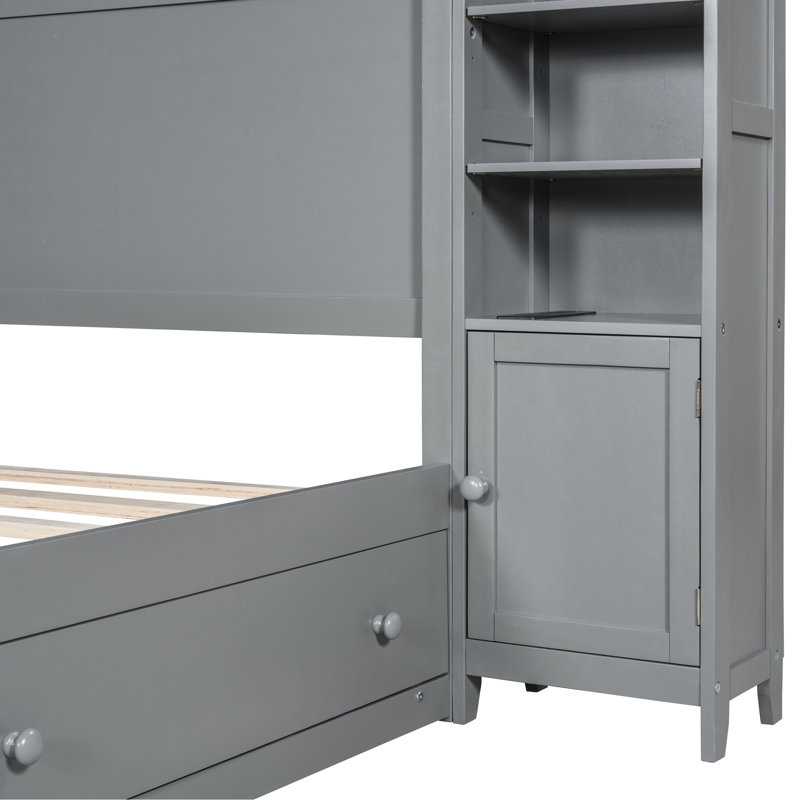 Grand lit gris avec armoire intégrée, tablette et prises électriques Combinaisons de prises élégantes -, Gris, Grand lit