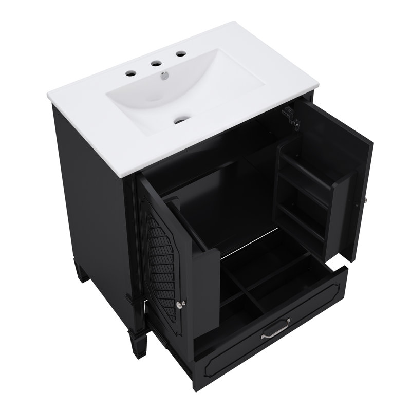 Meuble-lavabo de salle de bain avec lavabo de style rétro, espace de rangement multifonctionnel, tablette de porte, Noir