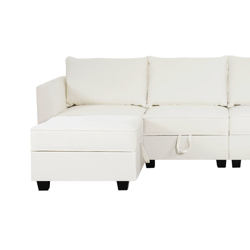 Myshia Modular Reversible U-Shaped Sectional Sofa with Double Ottoman Linen Couch with Storage Seat, White 100% Linen