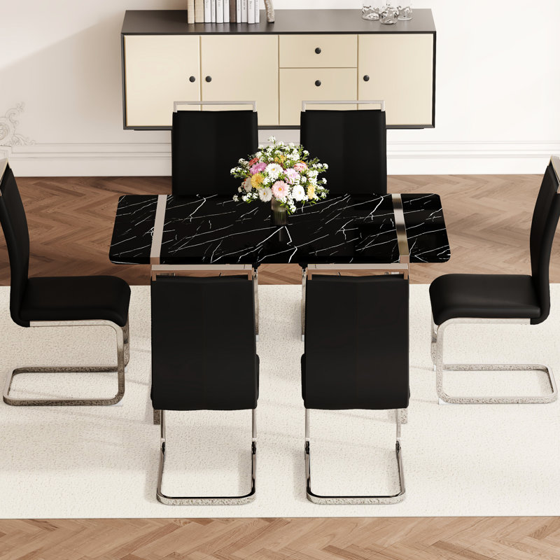 Table de salle à manger noire et 6 chaises avec pieds en métal solides