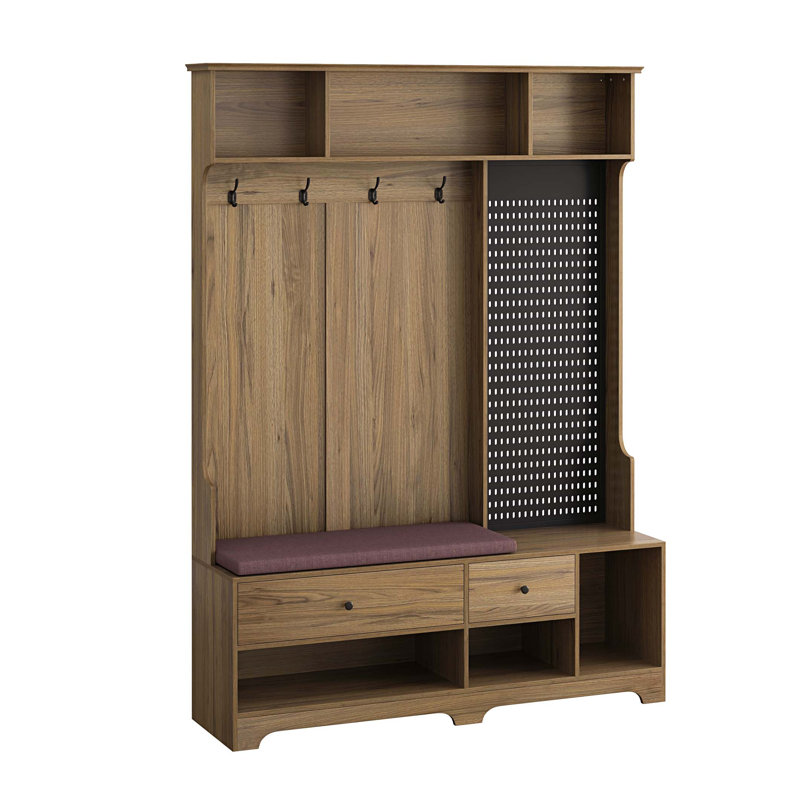 Multi-purpose Hallway Hall Tree with Removable Linen Cushioned Entryway Bench, Coat Rack, Storage Shelves, and DIY Pegboard,for Hallways, Living Room, Brown