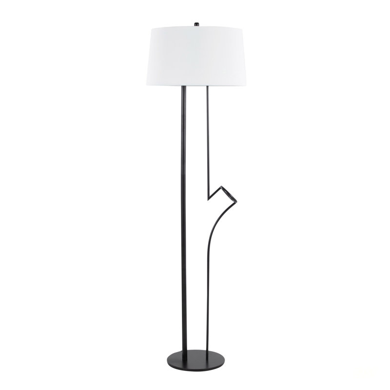 Lampe moderne sur pied asymétrique moderne avec base en acier noir et abat-jour en lin blanc, parfaite pour les intérieurs contemporains.