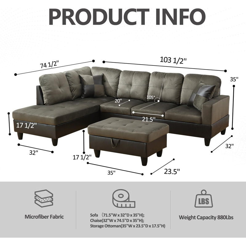3-piece Flannel  Sectional Sofa, Left Hand Facing, Taupe