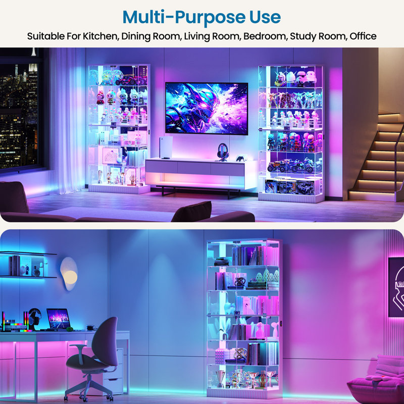 6-Tier Tempered Glass Display Cabinet with Motion Sensor RGB Lights, Lockable Tall Curio Cabinet, White
