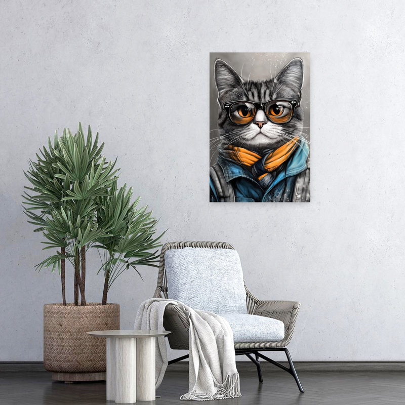 Stylish Cat With Glasses Modern Cat Portrait Urban Wall Art Print 1 Piece Wrapped Canvas Wall Art, 60.96cm H x 40.64cm W