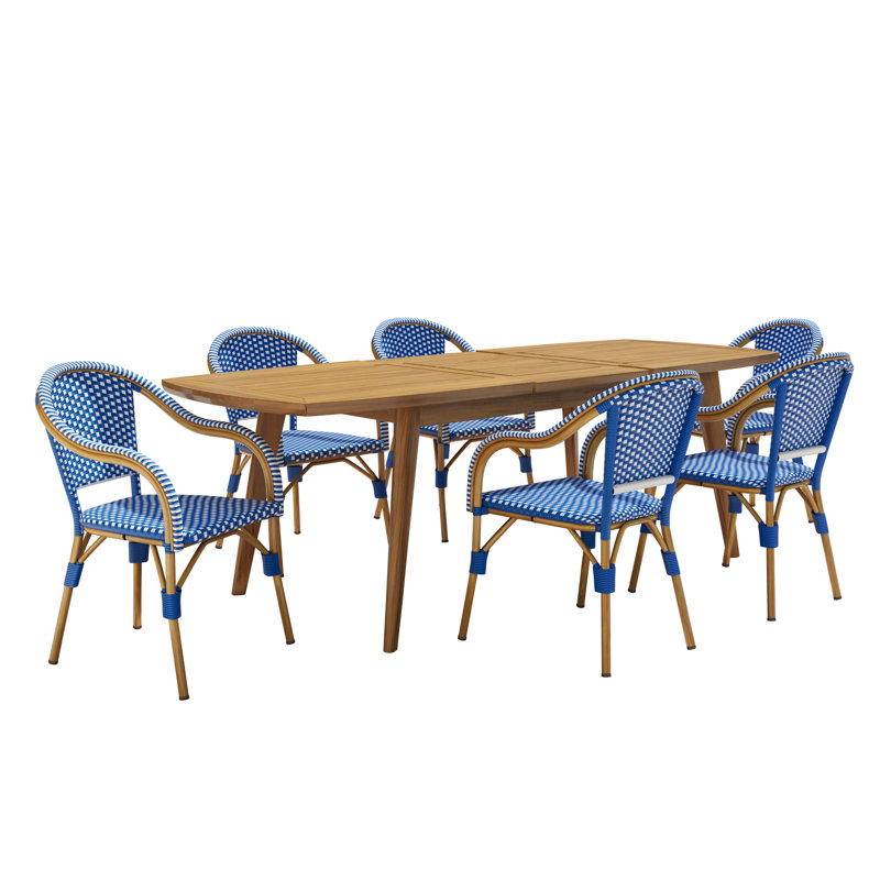 Montmartre 7-Piece Outdoor french Dining Set With Expandable Acacia Wood Table And Wicker Armchairs, Natural