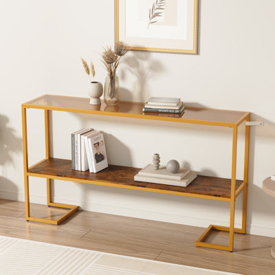 Console Sofa Table, 52" Modern Entryway Table, 2-tier Open Shelf With Tempered Glass, Metal Frame Behind Couch Table With Gold Metal Frame For Living Room Hallway Entrance, Brown