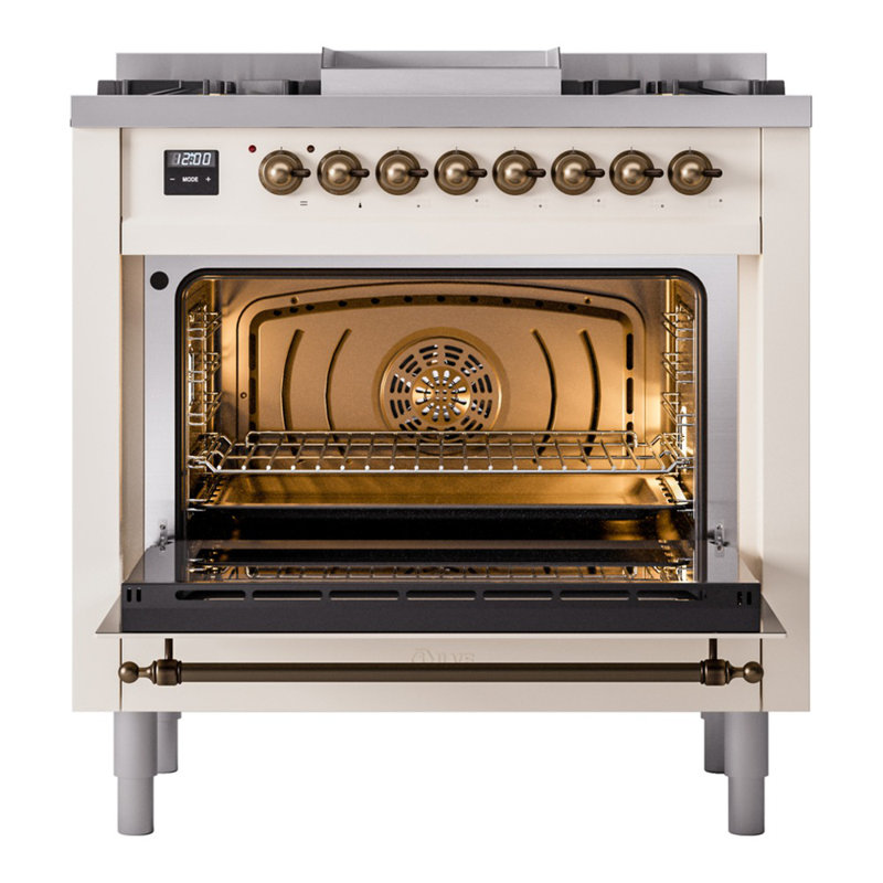 ILVE Nostalgie II Series 36 inch Dual Fuel Range with 6 Burners, Griddle (Glass Door), Antique White/ Bronze, Natural Gas