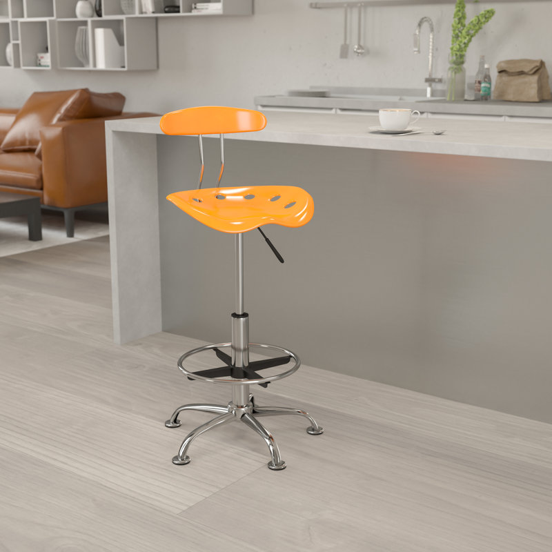 Vibrant Chrome Drafting Stool with Tractor Seat, Orange