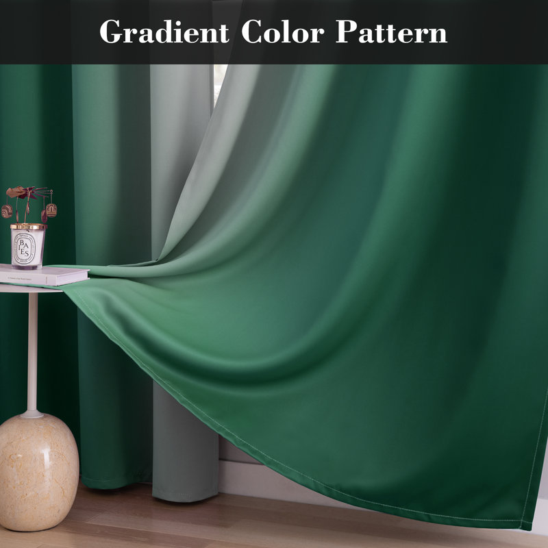 100% Blackout Ombre Curtains,Room Darkening Grommet Gradient Drapes for Bedroom, Dark Green, 52" W x 72" L