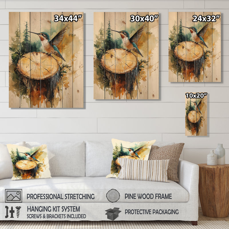 Hummingbird Into The Wood Slide II - Hummingbird Animal Wood Wall Decor - On Natural Pine Wood, 32" H x 24" W x 0.78" D