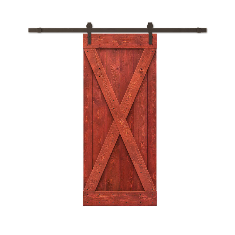 Porte de grange à panneaux et en bois avec quincaillerie d'installation, 24 po x 84 po, Rouge cerise, Bronze huilé