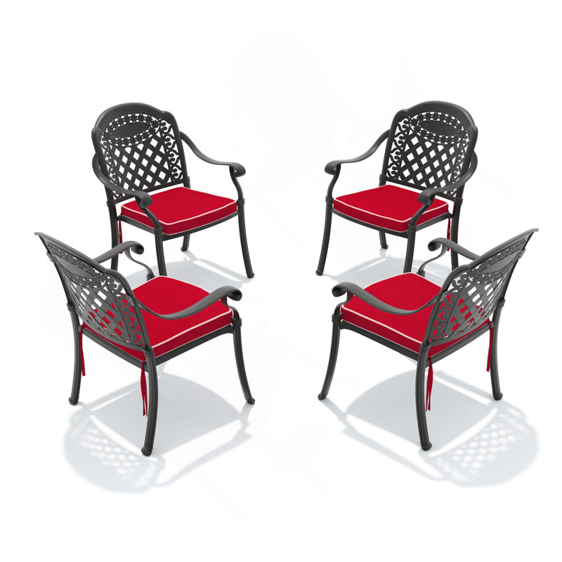 Chaise de patio en fonte d'aluminium 4 pièces avec structure et coussins noirs, 4, Rouge