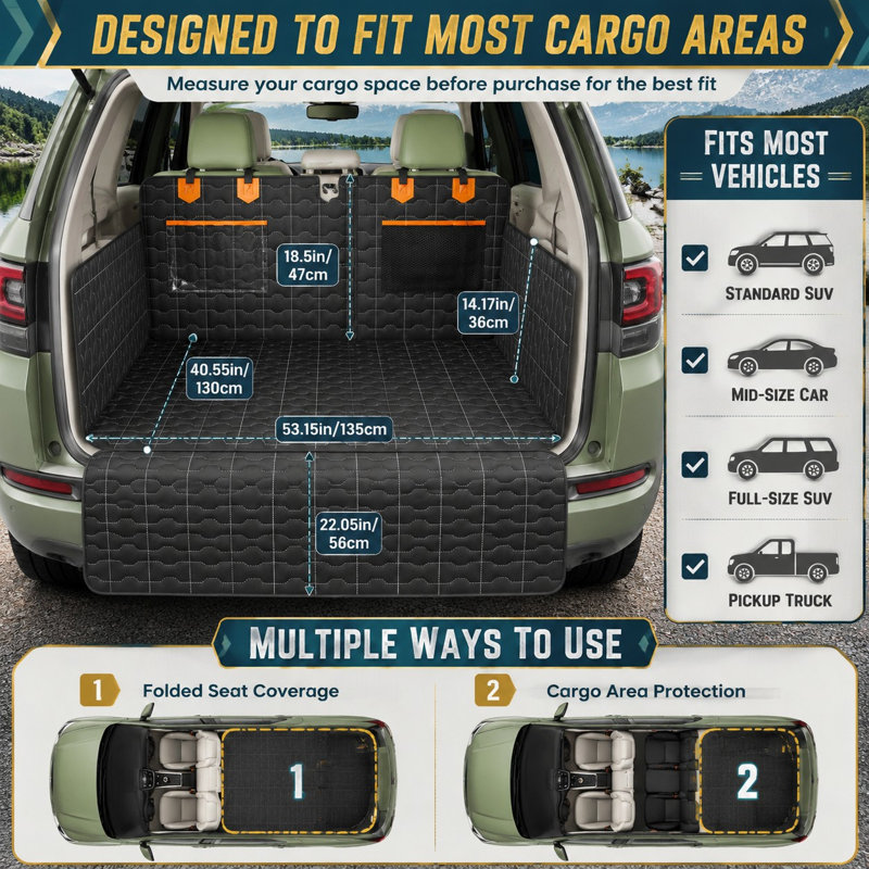 This large black universal-fit cargo liner protects SUV, sedan, and van trunks with waterproof coverage, a bumper flap protector, non-slip backing, and a scratchproof pet-mat surface.