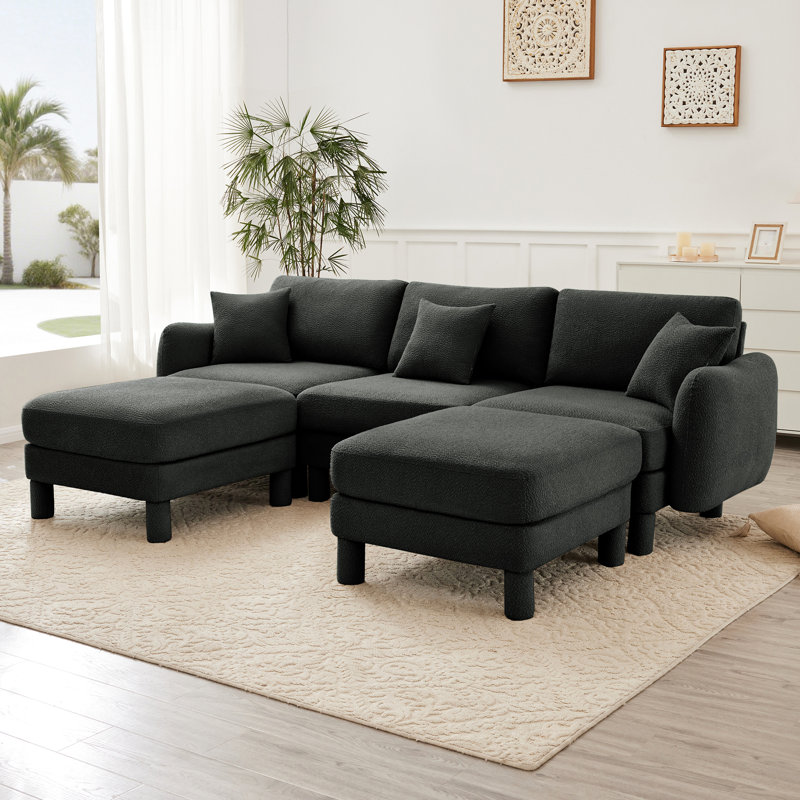 Canapé modulaire 3 U en forme de U gris foncé avec revêtement en tissu bouclé, fabrication et pieds cylindriques pour un espace personnel distinctif, système de suspension à 2 ressorts mobiles avec système de ressorts