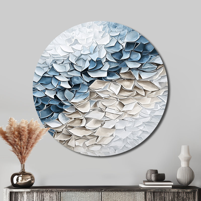 Blue White Flower Petals River - Abstract Geometric Large Round Wall Art, Blue Metal Wall Art, 36" H x 36" W