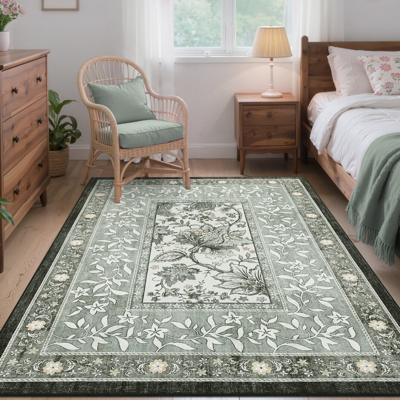 Leaves Floral Machine Washable Area Rug with Rubber Backing for Living Room Modern Non-Slip Dining Room Rug Non-Shedding Rugs for Bedroom