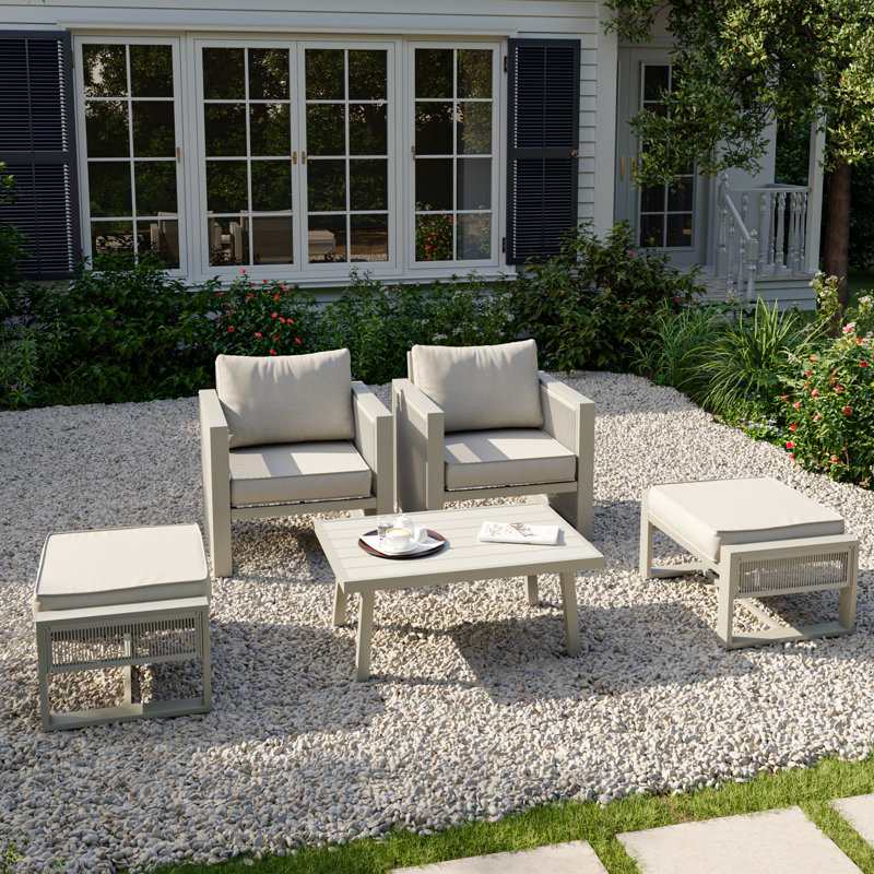 Ensemble de conversation pour patio 4 personnes en aluminium avec repose-pieds, Coussin beige / structure grise