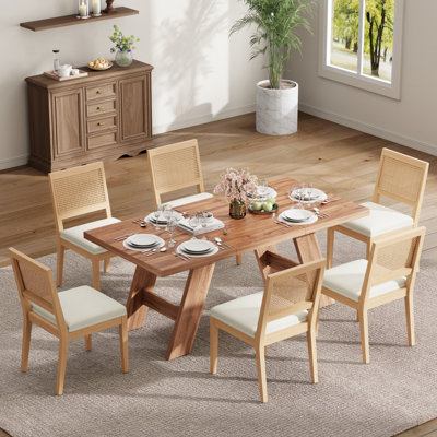 Ensemble de salle à manger rectangulaire moderne pour 4 à 6 personnes, table de cuisine en bois rétro et chaises avec chaise en rotin de lin pour la salle à manger, appartement