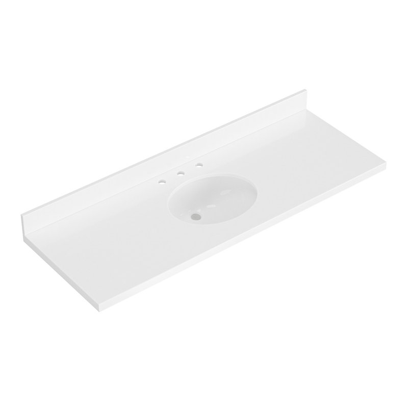 Comptoir de salle de bain en quartz blanc pur 61 po Ariel avec rebord à onglet épais de 1,5 po avec lavabo simple ovale et dosseret inclus