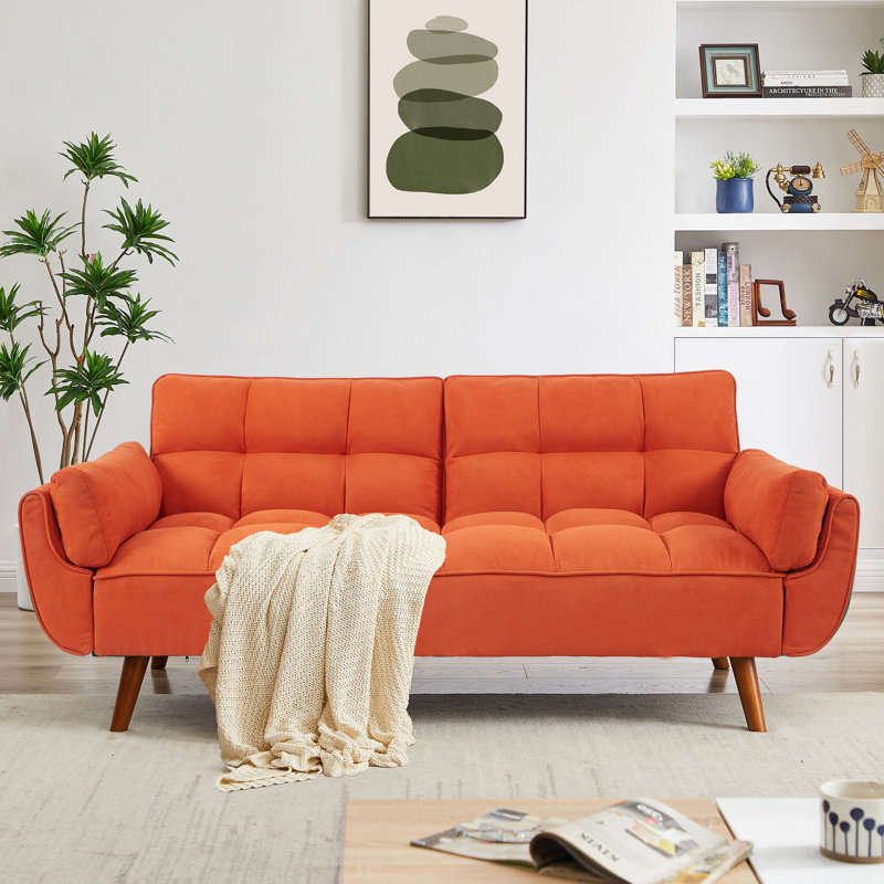 Jalena 75" Flared Arm Convertible Sleeper Sofa, Orange Polyester