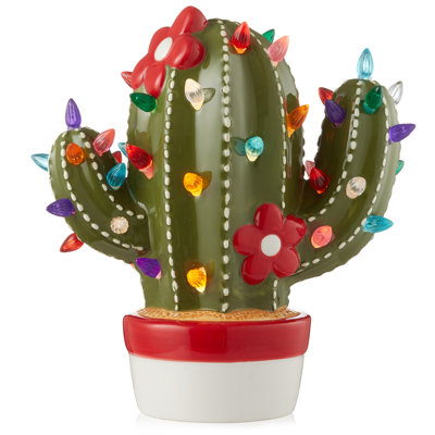 Pre-Lit Hand-Painted Ceramic Christmas Cactus with Lights