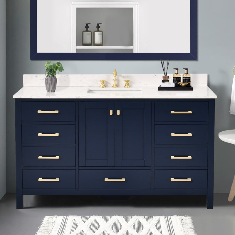Render 60'' Single Bathroom Vanity With Engineered Stone Top, Blue, Brushed Gold