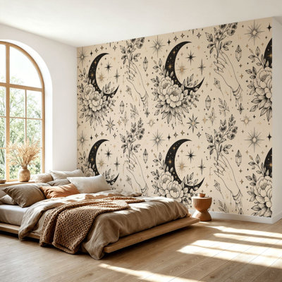 Wall Mural Peel and Stick Wallpaper Celestial Crescent Moon Floral Mystic Hands Stars Crystals Vintage Self-Adhesive Removable Contact Paper Wall Decor for Living Room Bedroom 69"H x 96"W