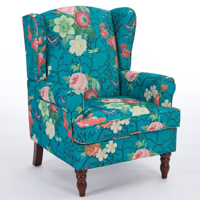Modern Accent Chair with Retro Wood Legs, Comfy Upholstered Armchair, Floral Design Single Sofa Chair for Living Room Bedroom Office