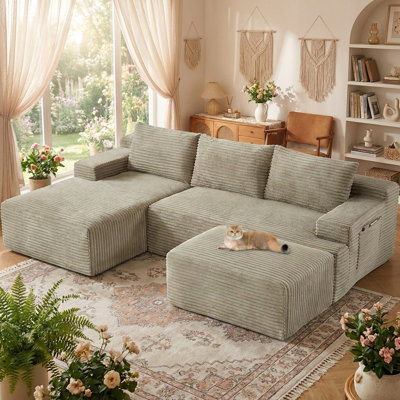 Canapé modulaire désossé 95 po, canapé Cloud avec méridienne orientée vers la droite, siège profond surdimensionné, tissu en velours côtelé doux, canapé modulaire pour le salon
