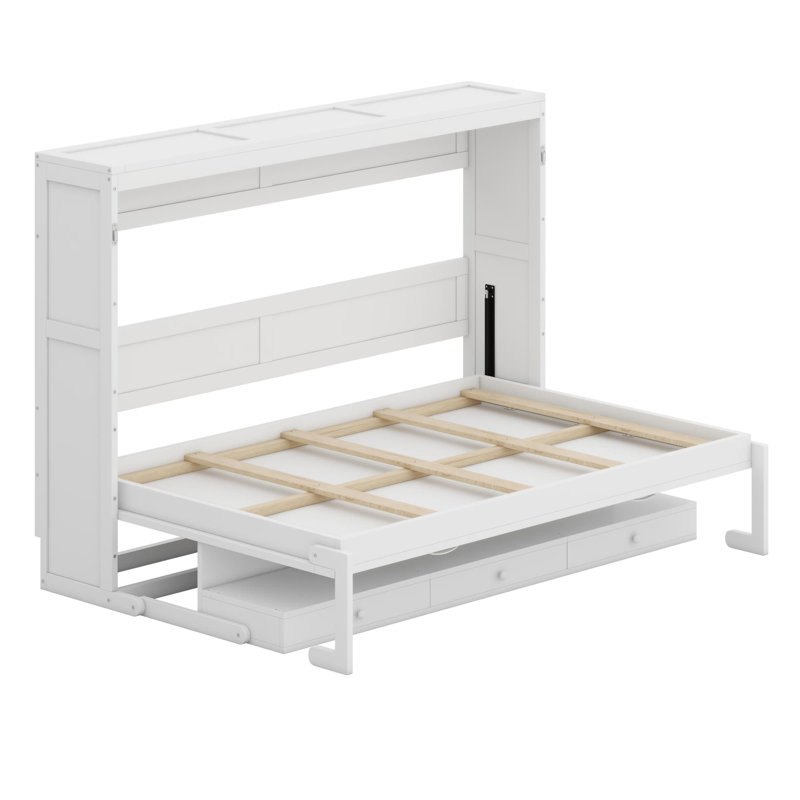 Lit escamotable avec rangement, armoire-lit pliable avec coiffeuse, miroir central et 2 tiroirs latéraux, Blanc