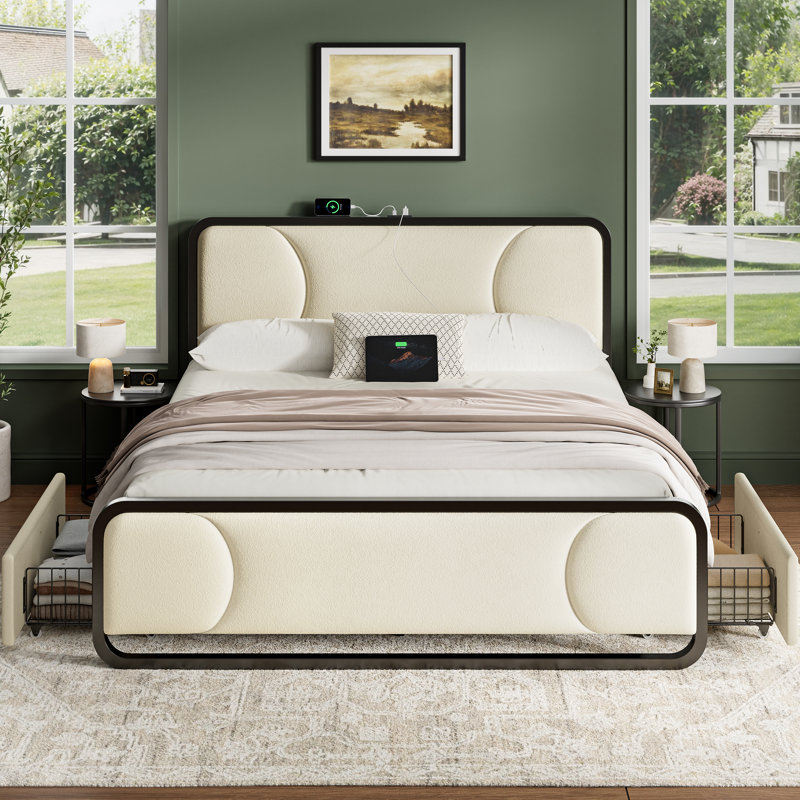 Upholstered Platform Bed with 2 Storage Drawers, Modern Bed Frame with Charging Station, Storage Bed with Velvet Tufted Headboard, No Spring Boxing Needed