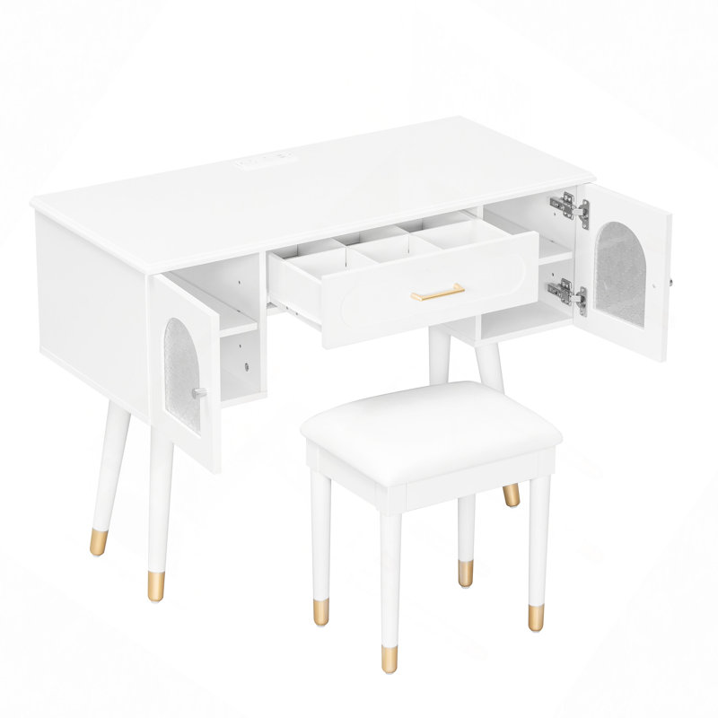 Elegant Vanity Makeup Table And Chair Set With Organizer, Charging Port, And Dual-Function Writing Desk., White
