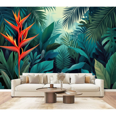 Papier peint adhésif pelez et collez, feuillage de jungle tropical, oiseau, fleur, vert éclatant, sarcelle, 69 po x l 96 po, papier mural amovible en PVC, autocollant, pour chambre à coucher, bureau à domicile