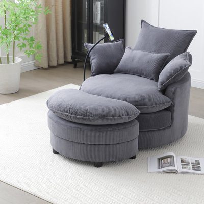 Fauteuil pivotant, fauteuil rond en tissu gris avec 4 coussins et pour le salon, mouvement confortable à 360 °, siège et chambre à coucher moelleux,