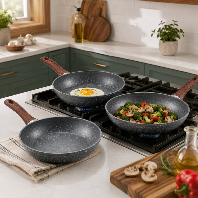 Ensemble de 3 poêles à frire antiadhésives en aluminium, pré-assaisonnées, légères et à chauffage rapide, gris