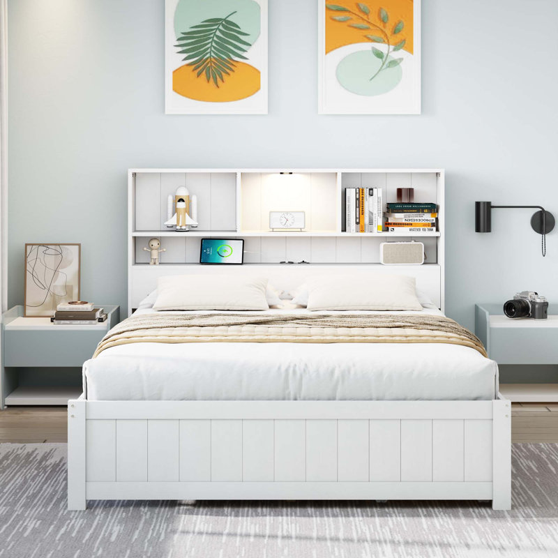 Wood Platform Bed With Bookcase Headboard, Built-In Downlight, Charging Station & 2 Side Drawers, White, Full / Double