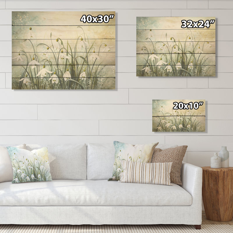 «Farmhouse Snowdrops Bloom Charm - Snowdrops», art mural sur bois de pin naturel, H 24 po x l 32 po