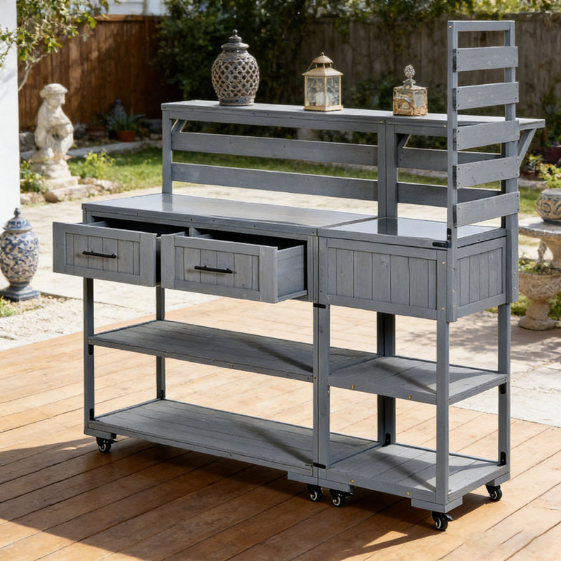 Chariot de cuisine en bois massif avec plateau en acier inoxydable 62,3 po, Gris