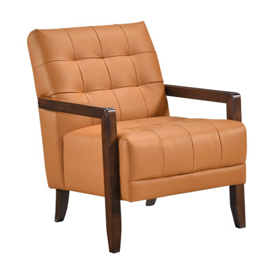 Modern Accent Chair In Luminous Orange Leather And With Comfortable Padding Solid Wood Frame