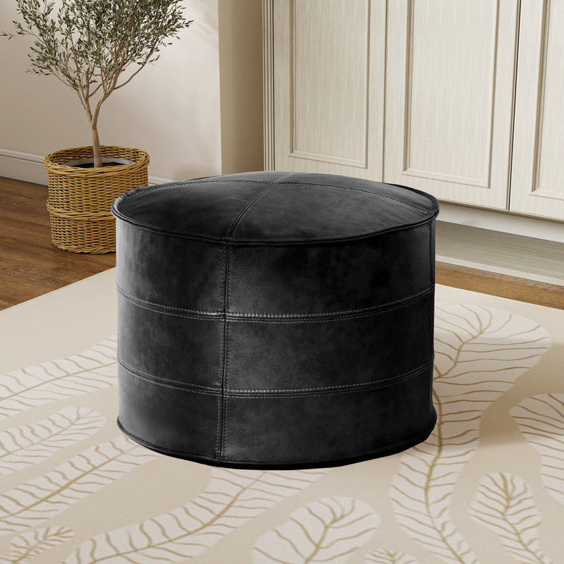 OEKO-TEX® STANDARD 100 Upholstered Footrest Pouf Full-Grain Genuine Leather Round Ottoman, Black