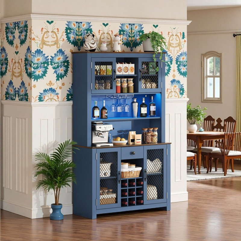 Armoire de rangement de 70,9 pouces de hauteur avec rangement à DEL, support à vin et tablettes réglables, Marine