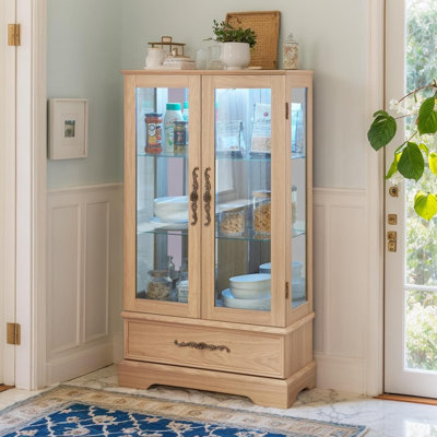  LED Curio Cabinet, Vintage Glass Curio Showcase with Adjustable Shelves & Acrylic Mirrored Back Panel, 7-Color LED Lights (Remote/Smartphone Control) Included, Wooden China Cabinet with Tempered Glass Doors for Living Room, Bedroom, Dining Room