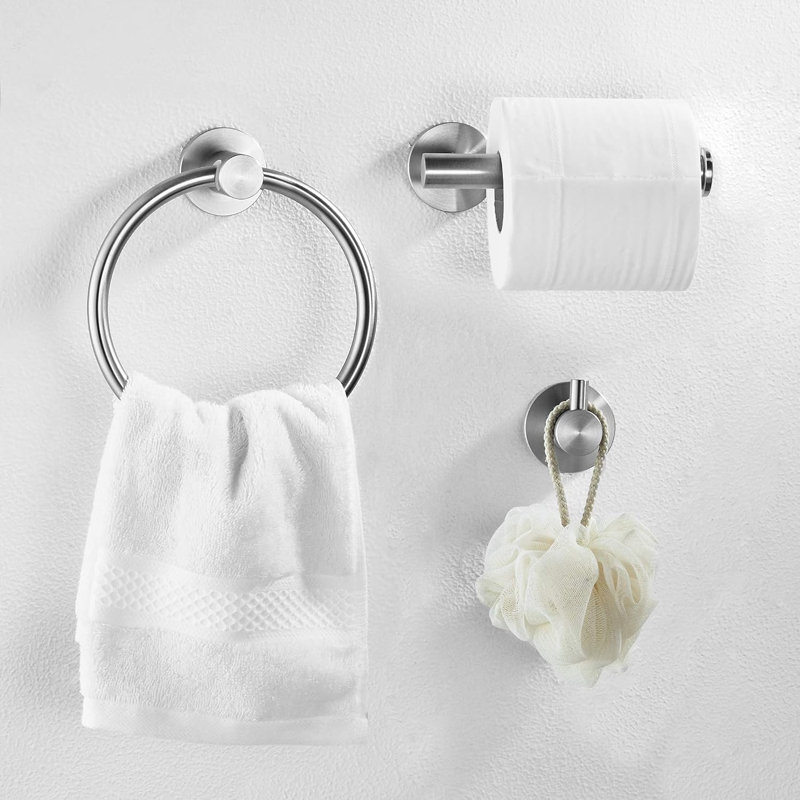 Ensemble d'accessoires de salle de bain 3 pièces comprenant un anneau porte-serviettes, un crochet porte-serviettes et un porte-papier hygiénique, avec matériel de fixation, en acier inoxydable.